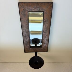 VTG Rare Wall Beveled Edge Framed Mirror Candle Holder Hammered Embossed Metal